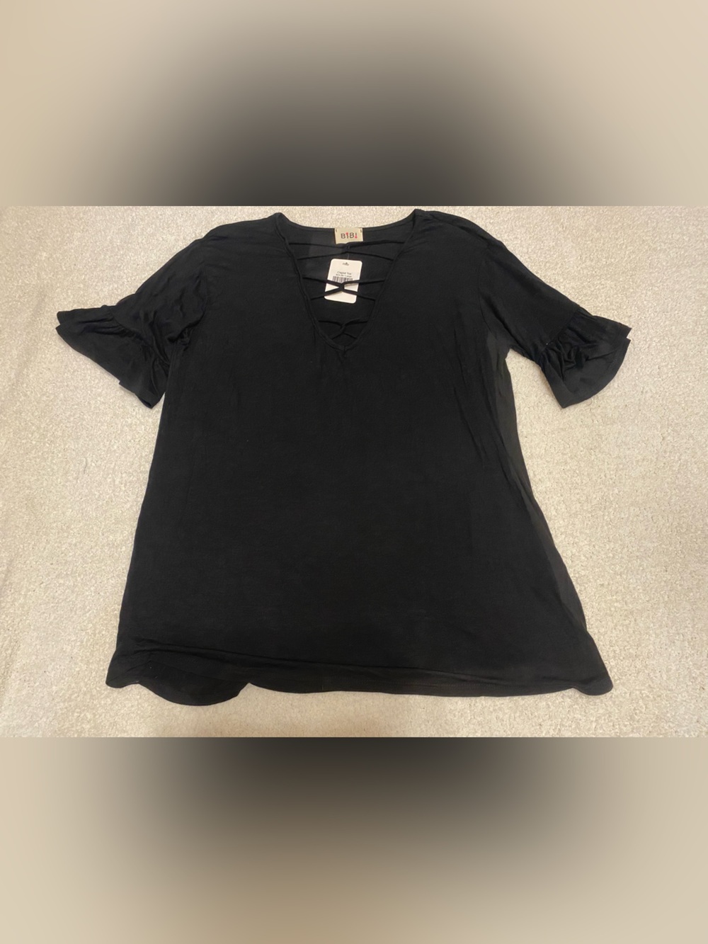 (NWT) BiBi Black Short-Sleeve V-Neck Lace-Up Top